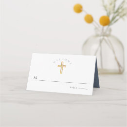 Religious Cross Blue Boy Baptism Place Card
