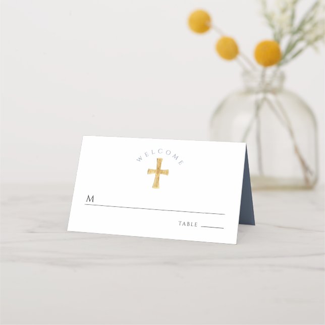 Religious Cross Blue Boy First Communion  Place Card (Front)