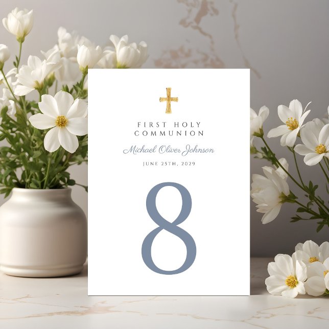 Religious Cross Blue Boy First Communion Table Number (Creator Uploaded)