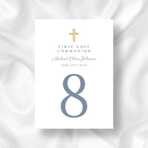 Religious Cross Blue Boy First Communion Table Number