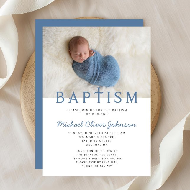 Religious Cross Blue Photo Boy Baptism Invitation (Religious Cross Blue Photo Boy Baptism Invitation)