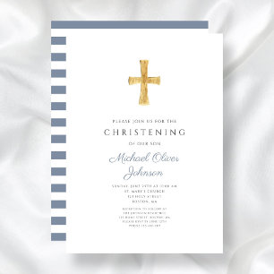 Religious Cross Blue Stripes Boy Christening Invitation