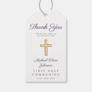Religious Cross Blue Stripes Boy First Communion Gift Tags