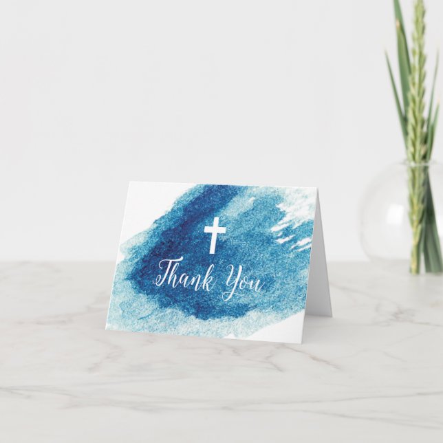 Religious Cross Blue Watercolor Thank You (Front)