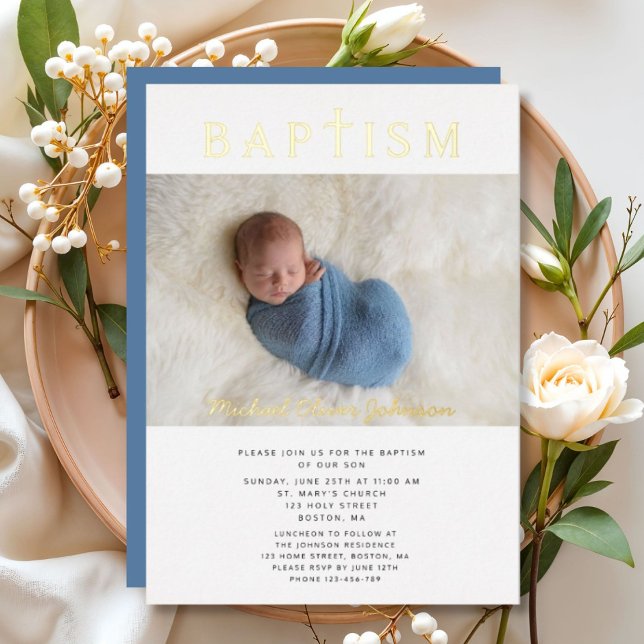 Religious Cross Boy Baptism Photo Gold (Religious Cross Boy Baptism Photo Gold Foil Invitation)