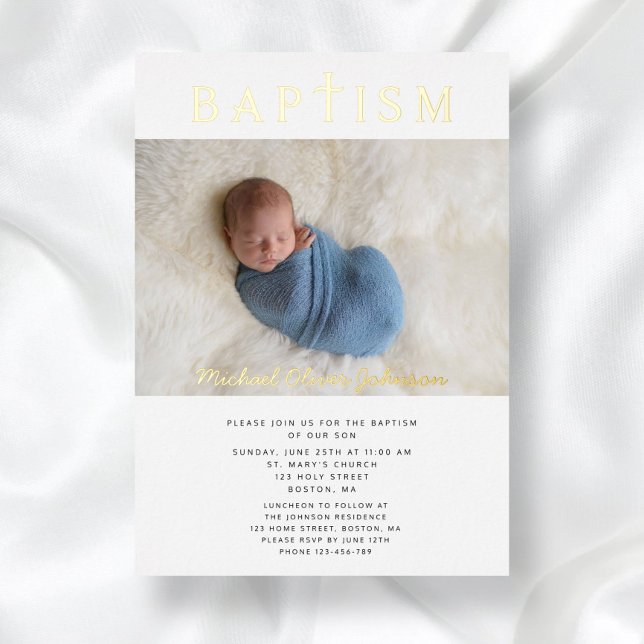 Religious Cross Boy Baptism Photo Gold (Religious Cross Boy Baptism Photo Gold Foil Invitation)