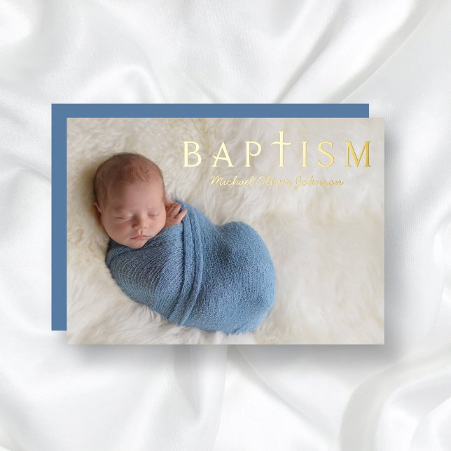 Religious Cross Boy Baptism Photo Gold (Religious Cross Boy Baptism Photo Gold Foil Invitation)