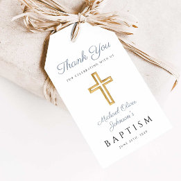 Religious Cross Boy Blue Stripes Baptism Gift Tags
