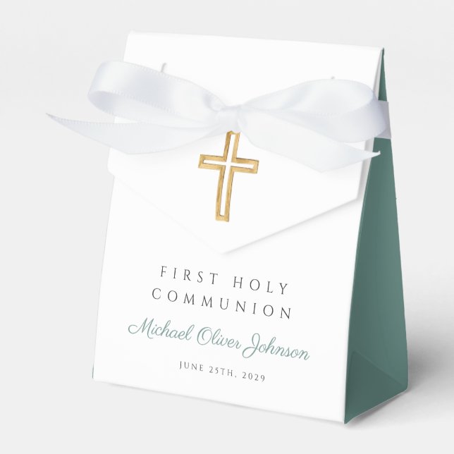Religious Cross Boy Green First Communion Favour Box (Front Side)