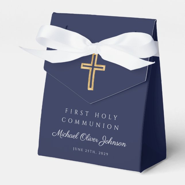 Religious Cross Boy Navy Blue First Communion Favour Box (Front Side)