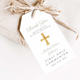 Religious Cross Boy Sage Green First Communion  Gift Tags