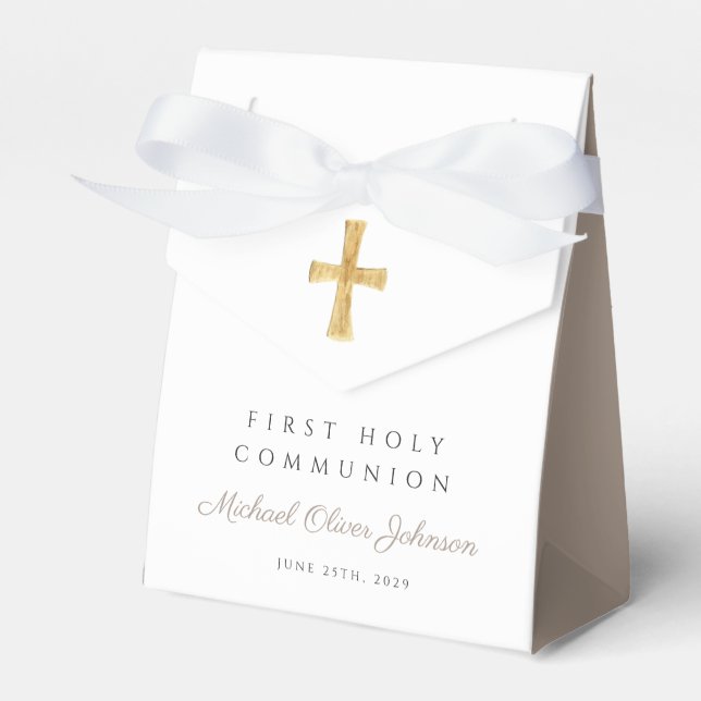 Religious Cross Boy Taupe First Communion Favour Box (Front Side)