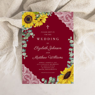 Religious Cross Burgundy Lace Sunflower Wedding Invitation