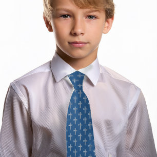 Religious Cross Classic Blue Faux Silver Communion Tie