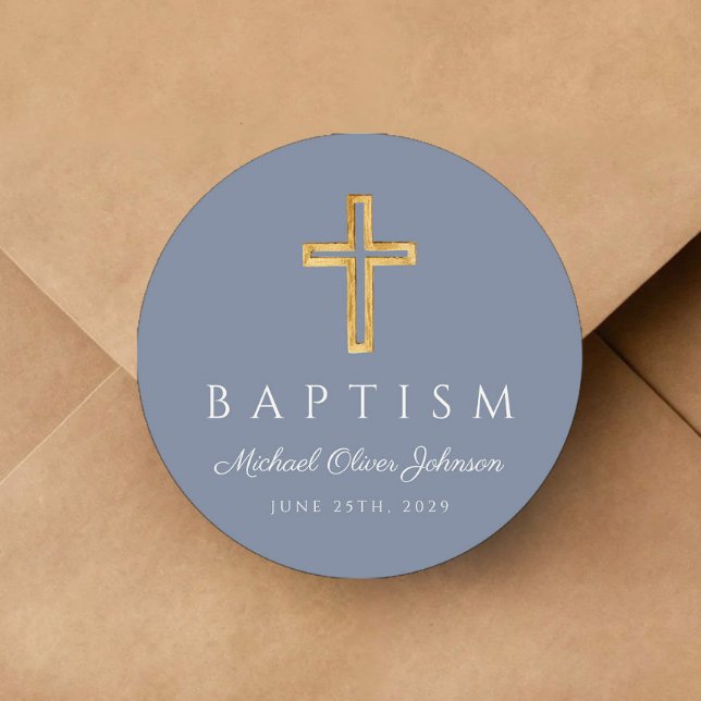 Religious Cross Dusty Blue Boy Baptism  Classic Round Sticker (Religious Cross Dusty Blue Boy Baptism Classic Round Sticker)