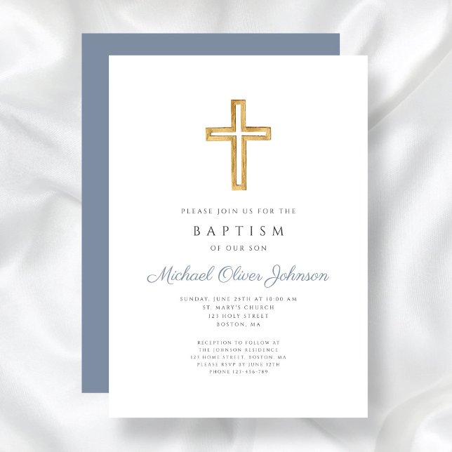 Religious Cross Dusty Blue Boy Baptism Invitation (Religious Cross Dusty Blue Script Boy Baptism Invitation)