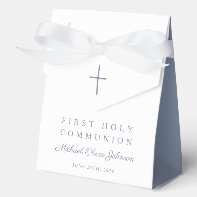 Religious Cross Dusty Blue Boy First Communion Favour Box (Front)