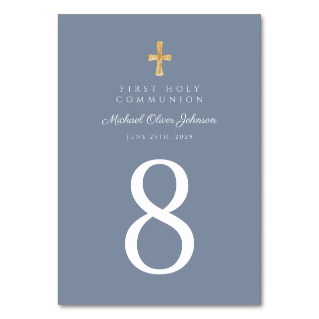 Religious Cross Dusty Blue Boy First Communion Table Number (Front)
