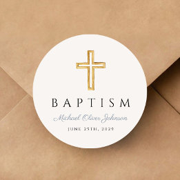 Religious Cross Dusty Blue Script Boy Baptism  Classic Round Sticker