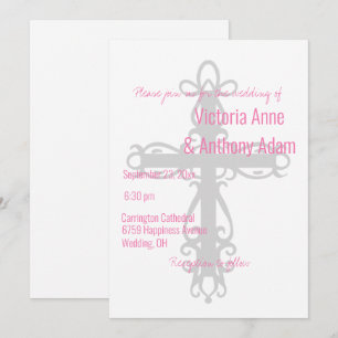 Religious Cross Elegant Christian Pink Wedding Invitation