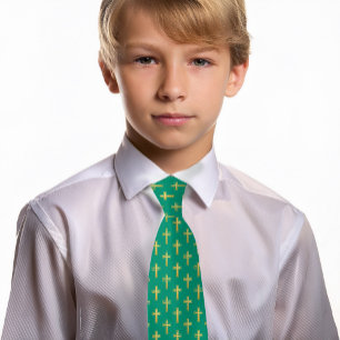 Religious Cross Emerald Green Faux Gold Communion  Tie