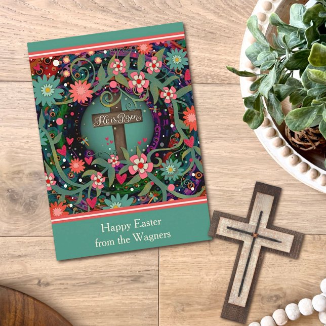 Religious Cross Floral Happy Easter He Is Risen Card (Creator Uploaded)