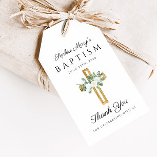 Religious Cross Floral Peonies Baptism Thank You Gift Tags