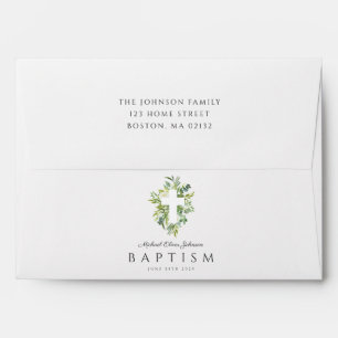 Religious Cross Green Botanical Baptism Envelope