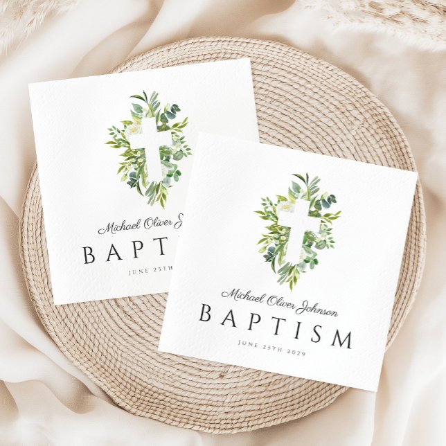 Religious Cross Green Botanical Baptism  Napkin (Religious Cross Green Botanical Baptism Napkins)