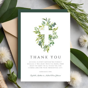 Religious Cross Green Botanical Baptism Thank You Card