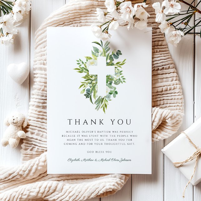 Religious Cross Green Botanical Baptism  Thank You Card (Religious Cross Green Botanical Baptism Thank You Card)