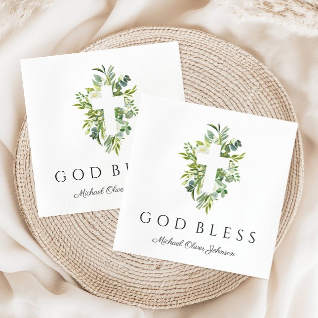 Religious Cross Green Botanical God Bless Baptism  Napkin (Religious Cross Green Botanical God Bless Baptism Napkins)