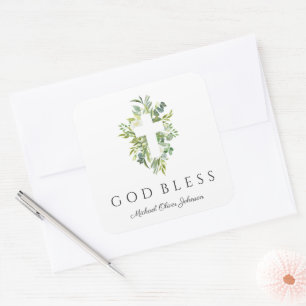 Religious Cross Green Botanical God Bless Baptism  Square Sticker