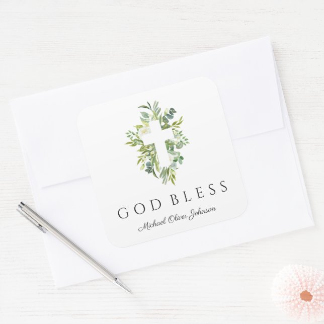 Religious Cross Green Botanical God Bless Baptism  Square Sticker (Envelope)