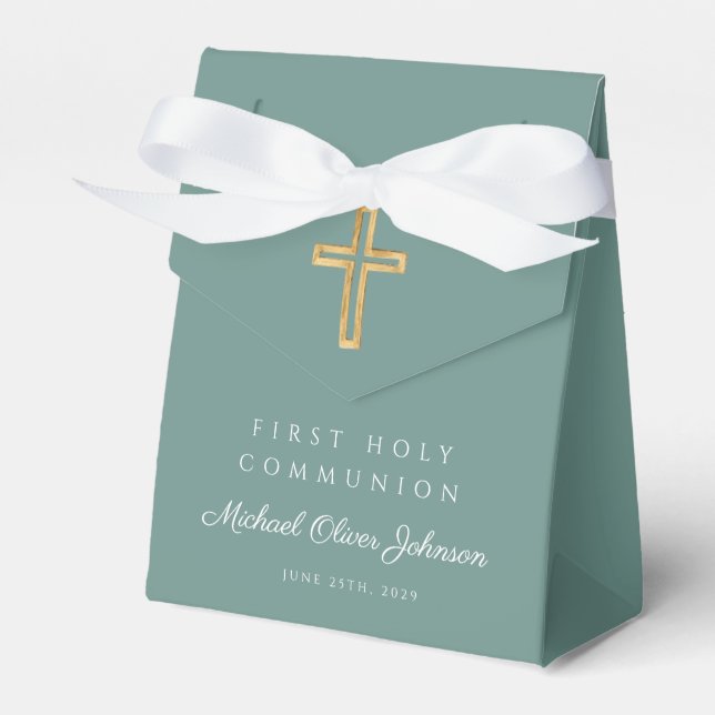 Religious Cross Green Boy First Communion Favour Box (Front Side)