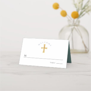Religious Cross Green Boy First Communion Place Card