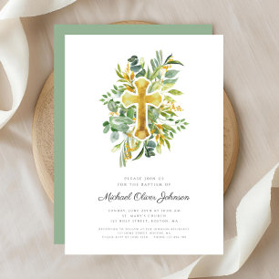 Religious Cross Greenery Botanical Baptism Invitation