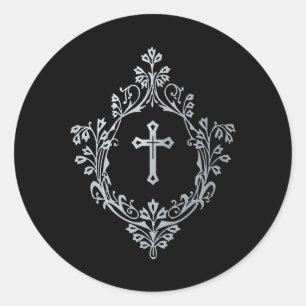 Religious Cross in Crest Black Faux Silver Vintage Classic Round Sticker