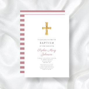 Religious Cross Modern Pink Stripes Girl Baptism Invitation