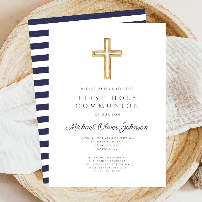 Religious Cross Navy Blue Boy First Communion Invitation (Navy Blue Stripes Boy First Communion Invitation)