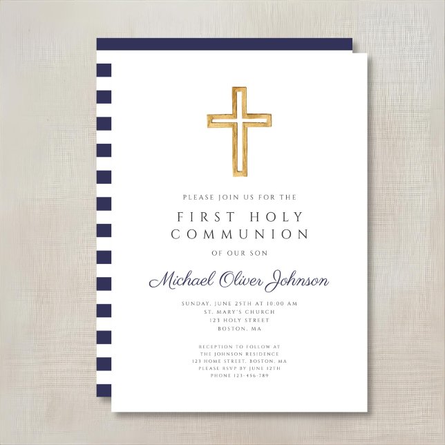 Religious Cross Navy Blue Boy First Communion Invitation (Navy Blue Stripes Boy First Communion Invitation)
