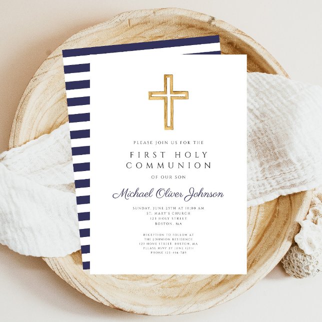 Religious Cross Navy Blue Boy First Communion Invitation (Navy Blue Stripes Boy First Communion Invitation)