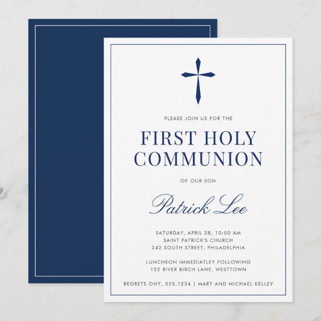 Religious Cross, Navy Blue Simple and Elegant Invitation (Front/Back)
