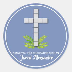 Religious Cross on Blue Grey Classic Round Sticker
