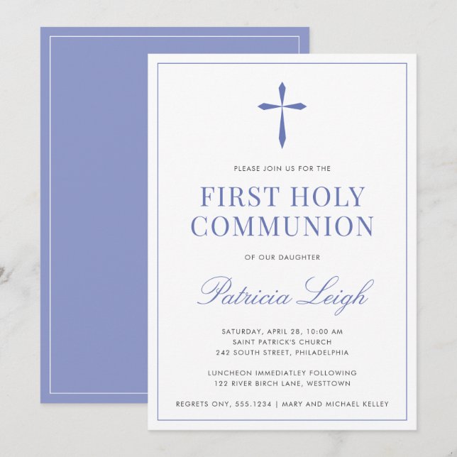 Religious Cross, Periwinkle Simple and Elegant Invitation (Front/Back)