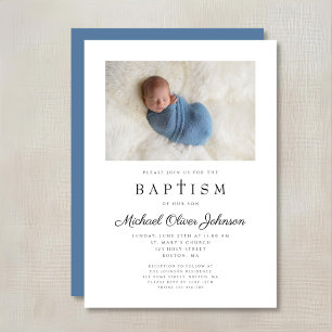 Religious Cross Photo Blue Boy Baptism Invitation