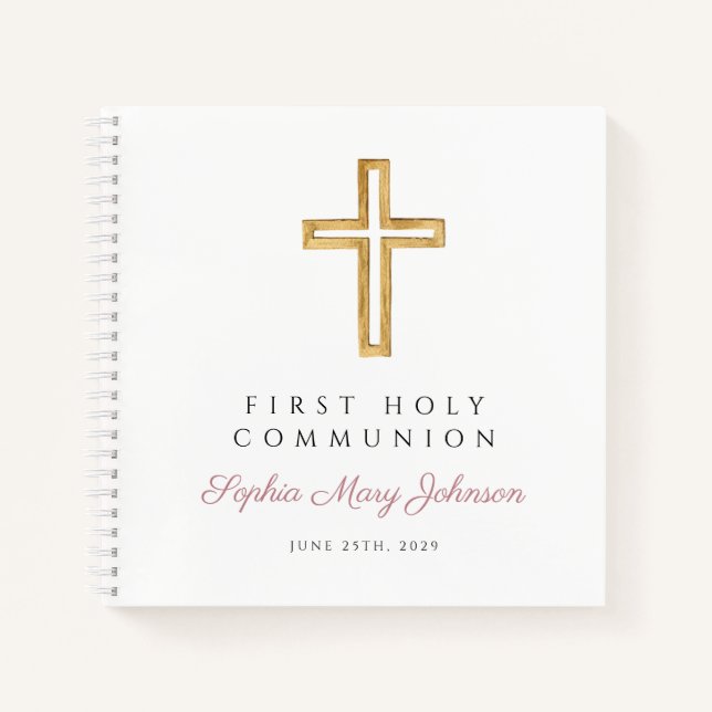 Religious Cross Pink First Communion Guestbook Notebook (Front)