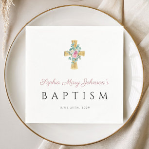 Religious Cross Pink Floral Baptism Napkin