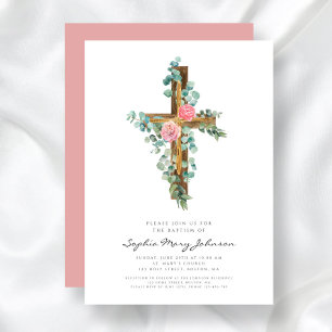Religious Cross Pink Floral Girl Baptism Invitation