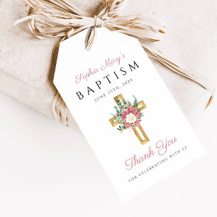 Religious Cross Pink Floral Girl Baptism Thank You Gift Tags